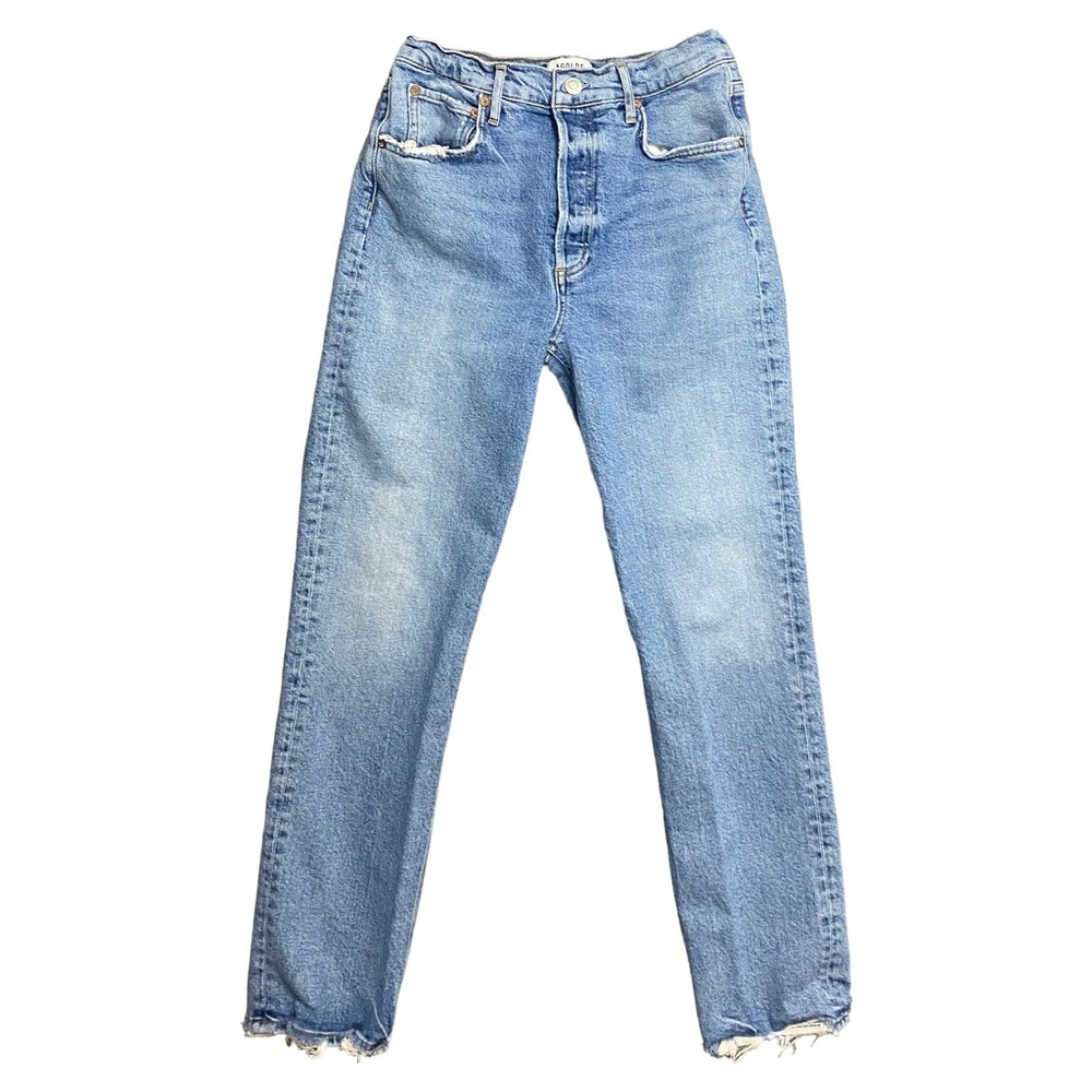 Agolde Riley Long Light Blue Wash Distressed Hem High Rise Denim Jeans Size 27.